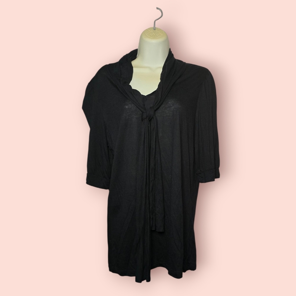 Deletta Anthropologie Tie Neck Black Top XL Boho Artistic Casual Stretchy Chic